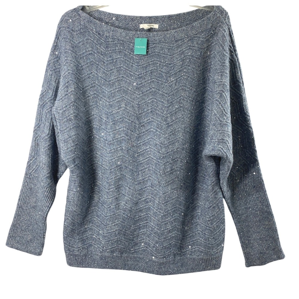 Maurices Sweater Womens XL Blue Sequin Chevron Dolman Boatneck Shimmer Holiday